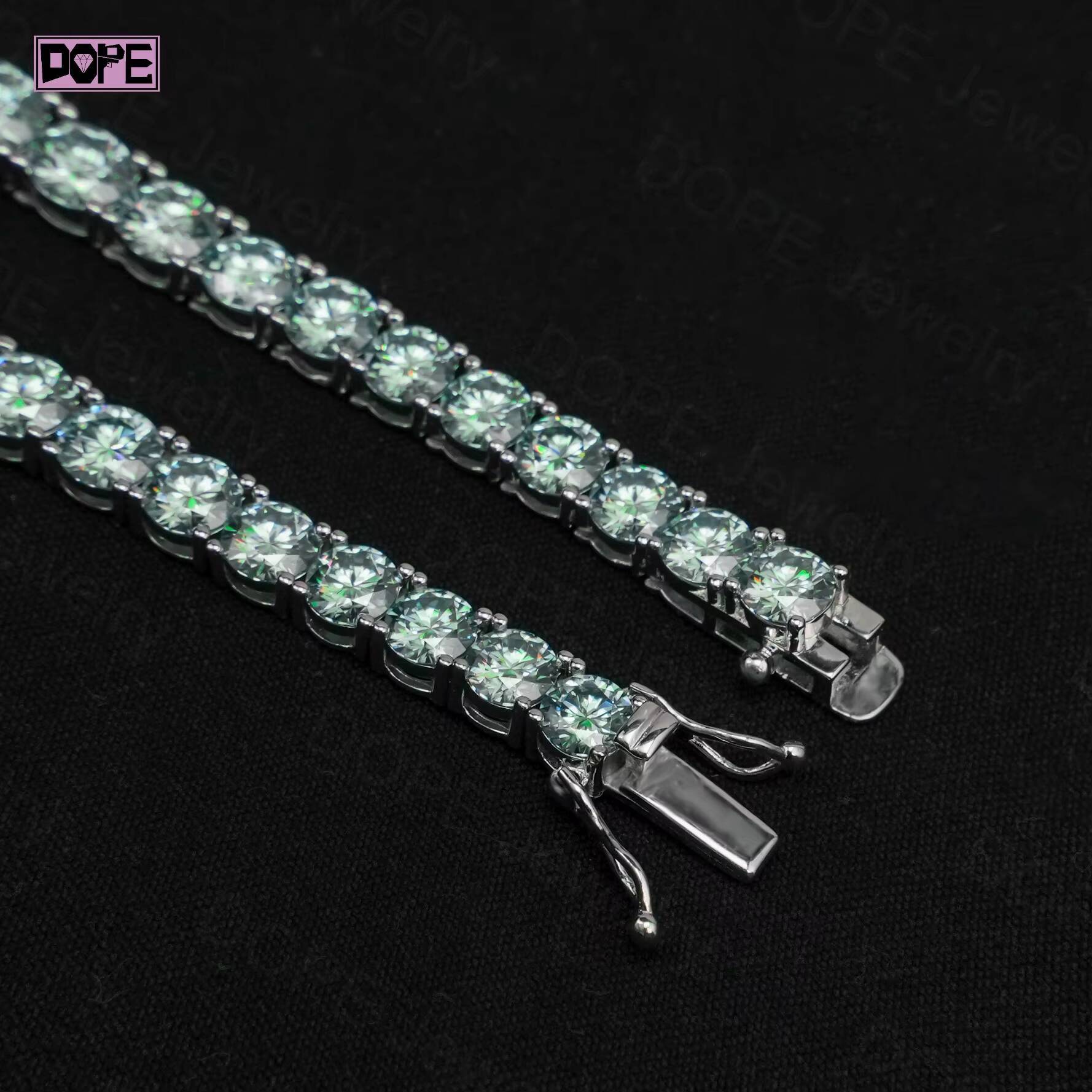 Green VVS Moissanite Hiphop Iced Out 3mm Tennis Necklace 925 Sterling Silver Fashion Bling Tennis Chain