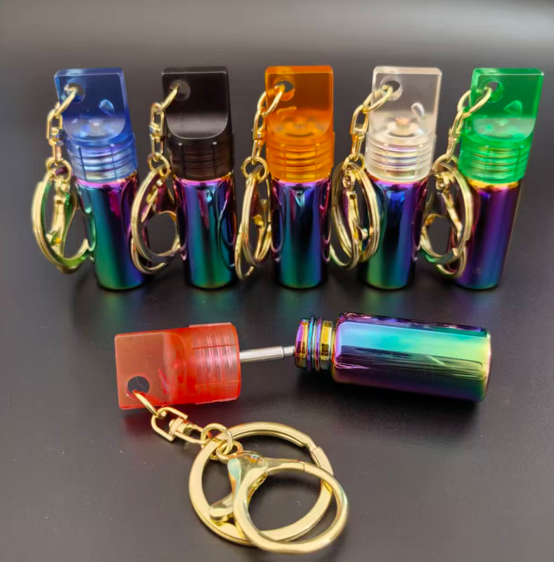 Latest Glass Metal bottle Keychain Rings Snuff smoking Accessories Vial with telescopic Spoon Spice Snorter Pill box storage Case Container Stash Oil Rigs