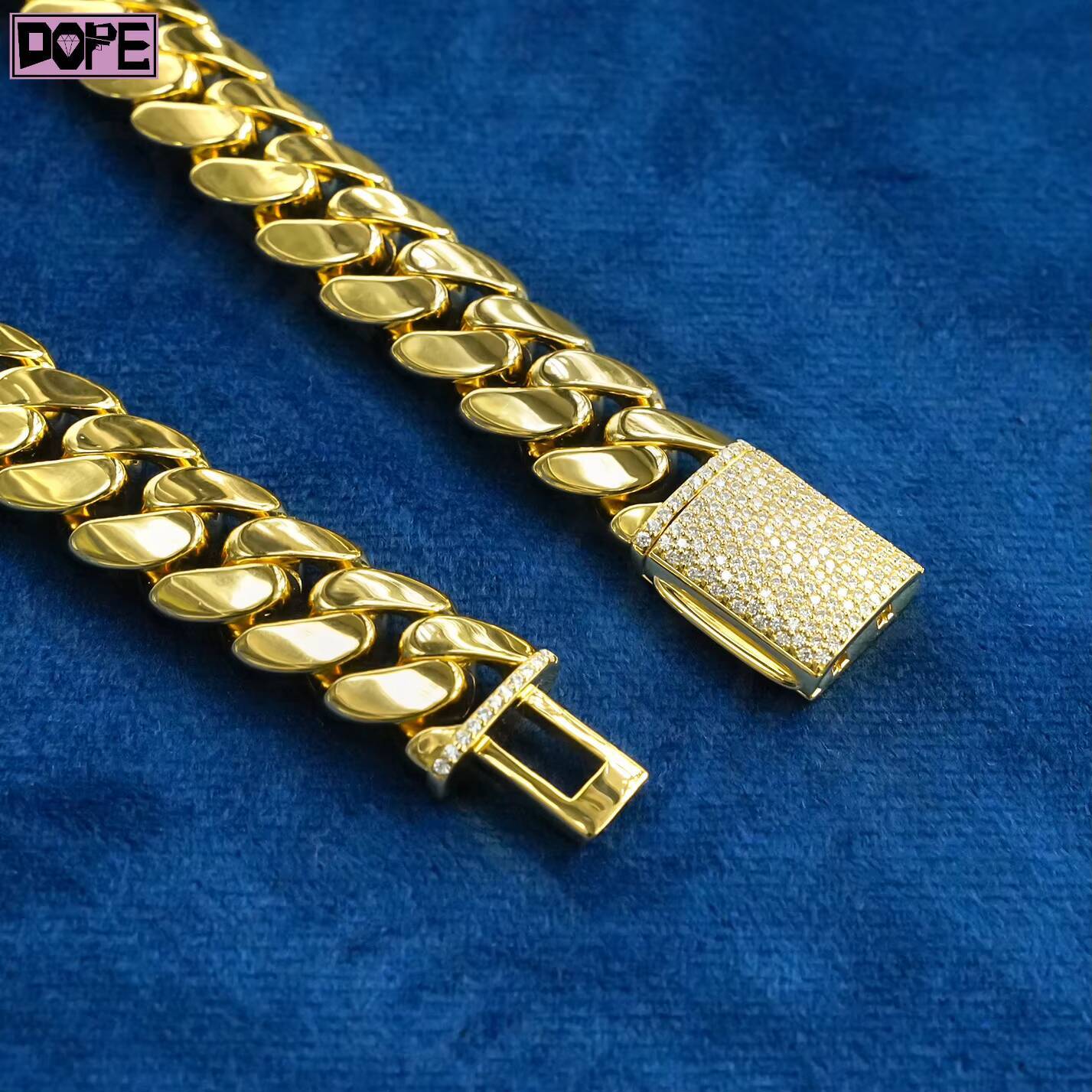 Hip Hop 15mm Gold Plated Cuban Chain Necklace Customized Trend Lock 925 Sterling Silver Miami Cuban Chain