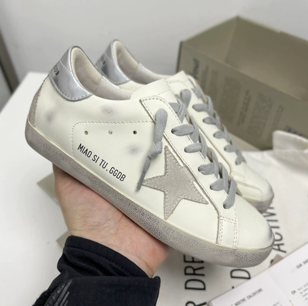 Dirty White Shoes Women's Flat Casual Shoes Genuine Leather Worn Out Star Shaped Height Increasing Couple's 35-43