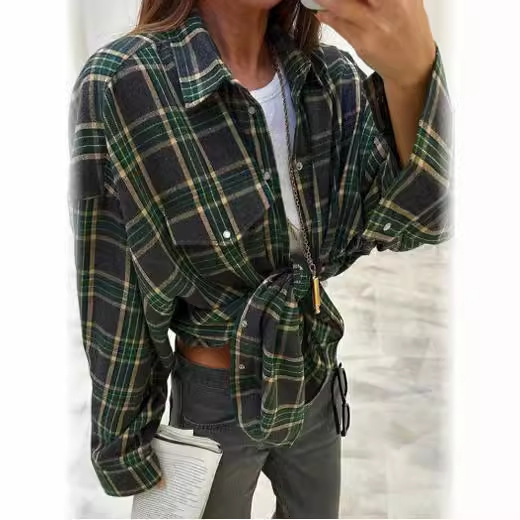 Luxury Brand Designer Clothing Jacket Retro Style Versatile Turn-Down Collar Loose Shirt 2023 Autumn Plaid Long Sleeve Pocket Women's Shirt