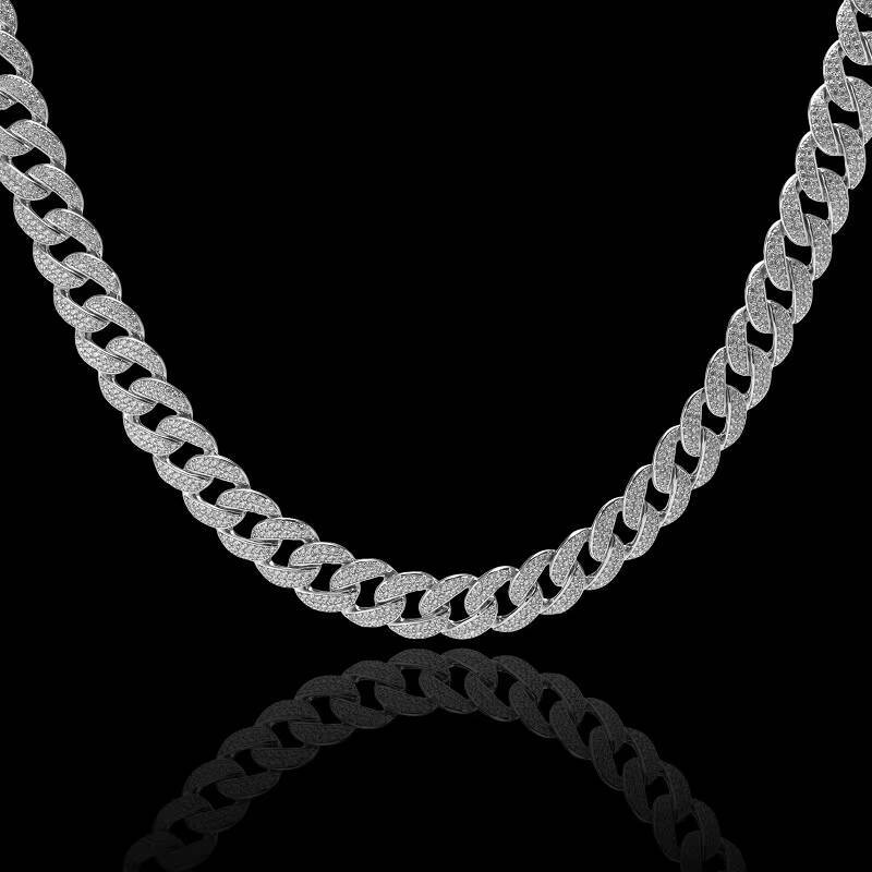 Iced Out Mens Miami Cuban Link Necklace Hip Hop Style with Moissanite Diamond Bling Prong 925 Silver Cuban Chain