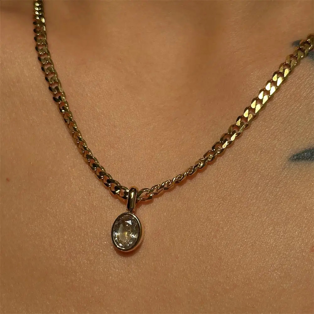 Fashion Multicolour Crystal Pendant Neckalce 18K Gold Plated Sparkle Oval CZ Zircon Choker Birthday Gift Stainless Steel Jewelry 250920