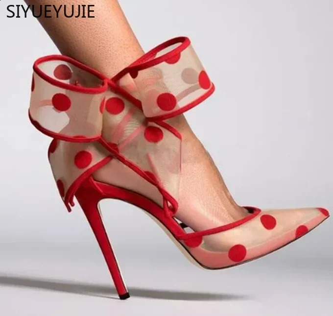 Polka Dot Bow Pumps Red Mesh Pointed Toe Stiletto Heels Side Knot Sandals Women Evening Party Shoes Zapatos Mujere 250920