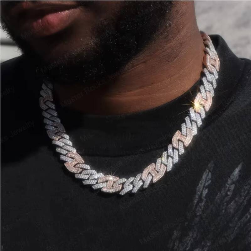 15MM Cuban Link Chain 925 Silver Two Tone Men Necklace Iced Out VVS Diamond Moissanite Cuban Chain
