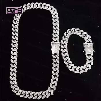 Customized Trend 2 Rows Moissanite Cuban Chain Necklace Miami 925 Silver 12mm 14mm Gold Plated Moissanite Cuban Link Chain