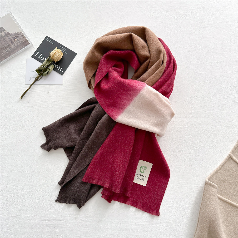 1912 Winter gradient scarf women's solid colour ethnic style Women's Day shawl print short beard imitation cashmere