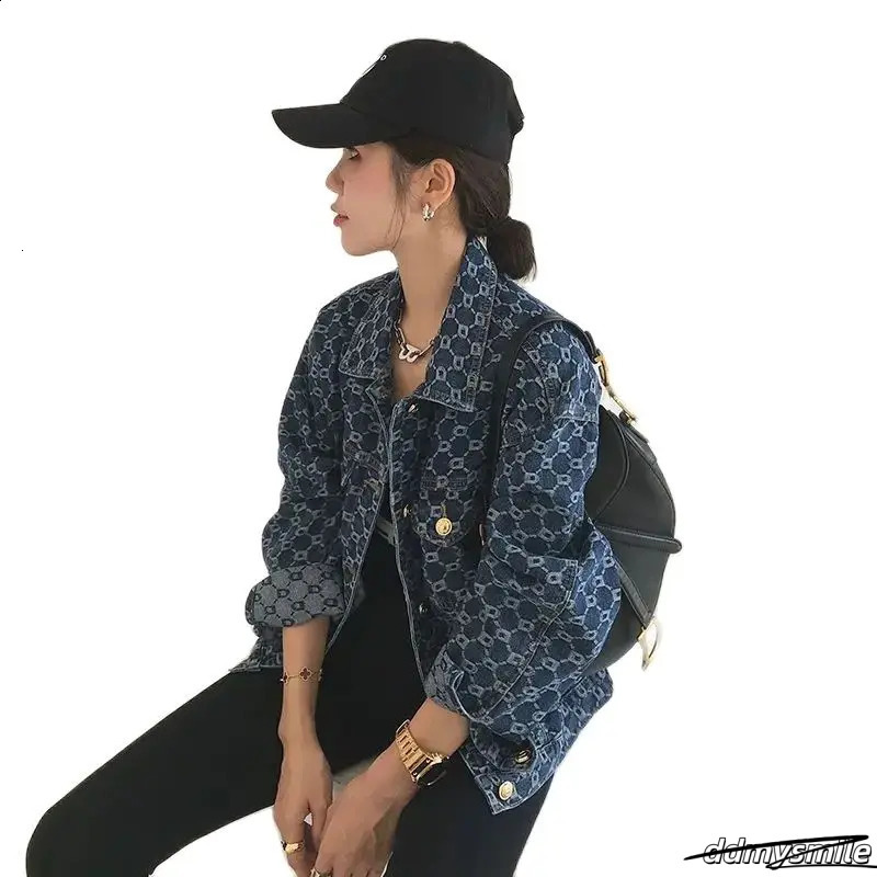 Women Vintage Loose Long Sleeve Print Cotton Jean Jackets Spring Fall Female Casual Blue Denim Jacket Coats Streetwear Outwear 240824