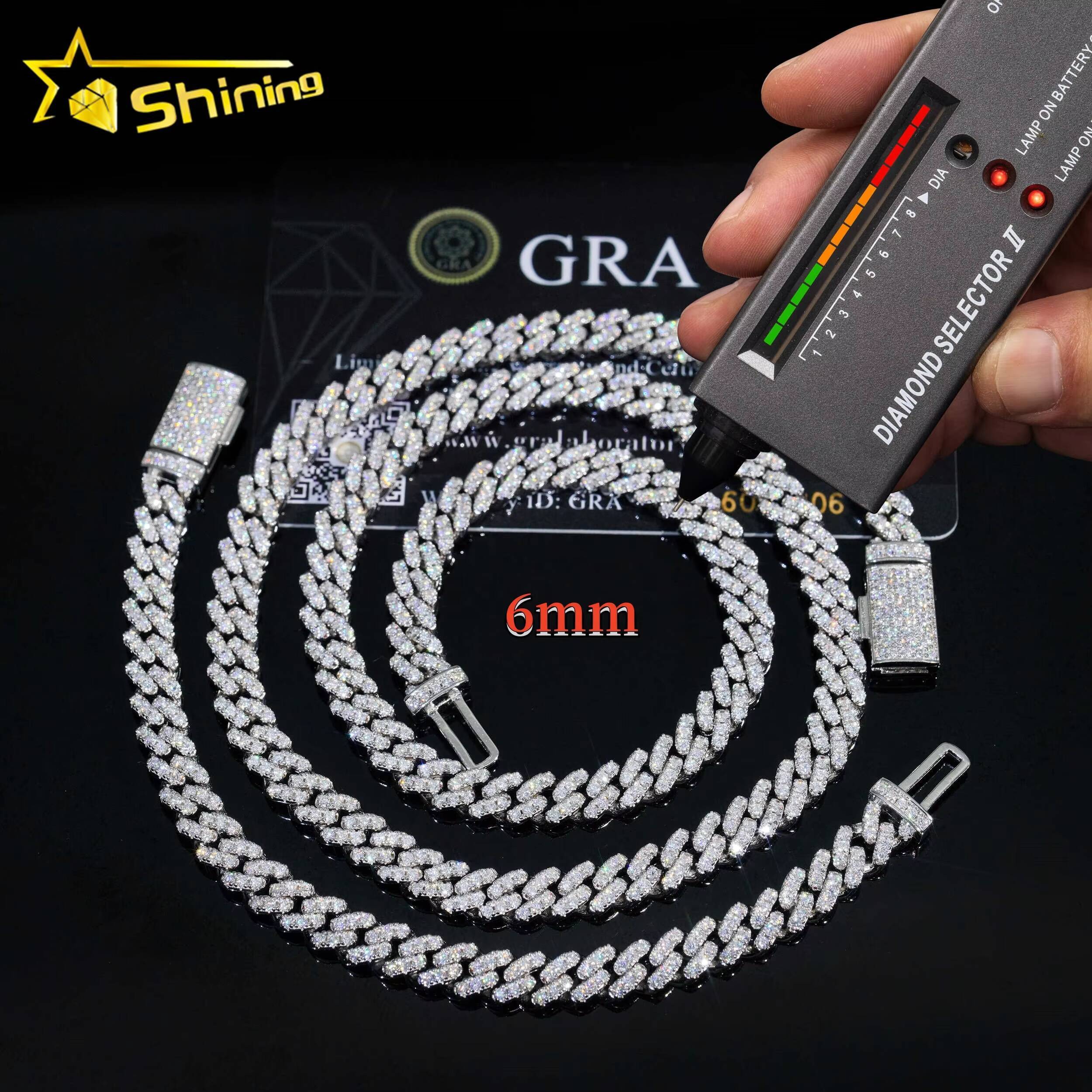 Bulk Stock Wholesale Price GRA Certificate S925 6mm One Row Stone Iced Out VVS Moissanite Miami Cuban Link Chain Bracelet
