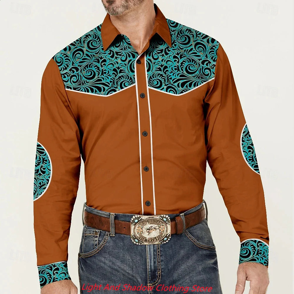 Mens Flower Pattern Western Printed Shirt Cowboy Shirt Long Sleeve Casual Collar Button Mens Clothing XS6XL 250920