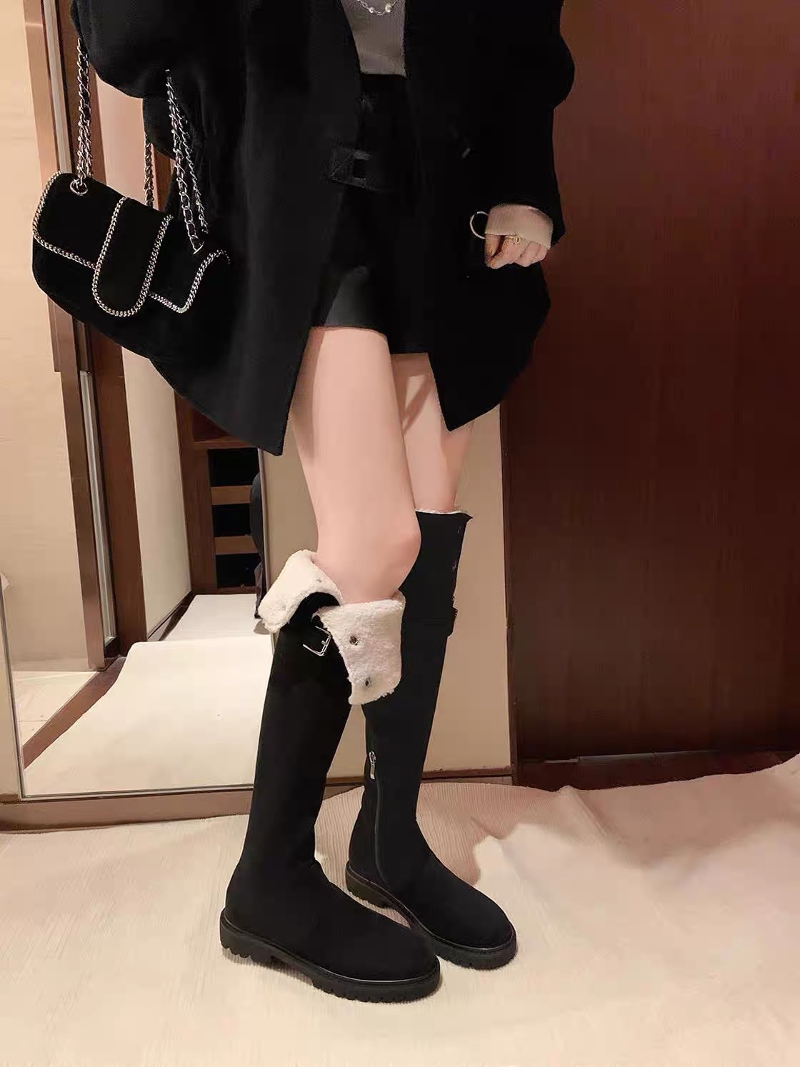 Light luxury and elegant French style knee high boots, autumn and winter thick soled boots, thick wool cotton boots, warm snow boots, designer boots
