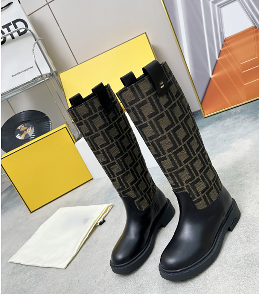 Luxury knee high boots with autumn and winter floral thick sole black calf leather low heel round toe designer fashionable mixed color ankle boots EU35-42