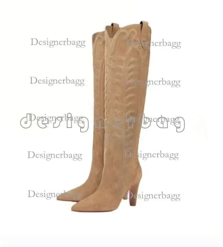 Boots Designer women dress Rivet shoes Red Black khaki Shiny half Over the Knee high boots 8cm 10cm 12cm lady BottomBoots Stiletto Genuine Pointed Size 35-43 bf