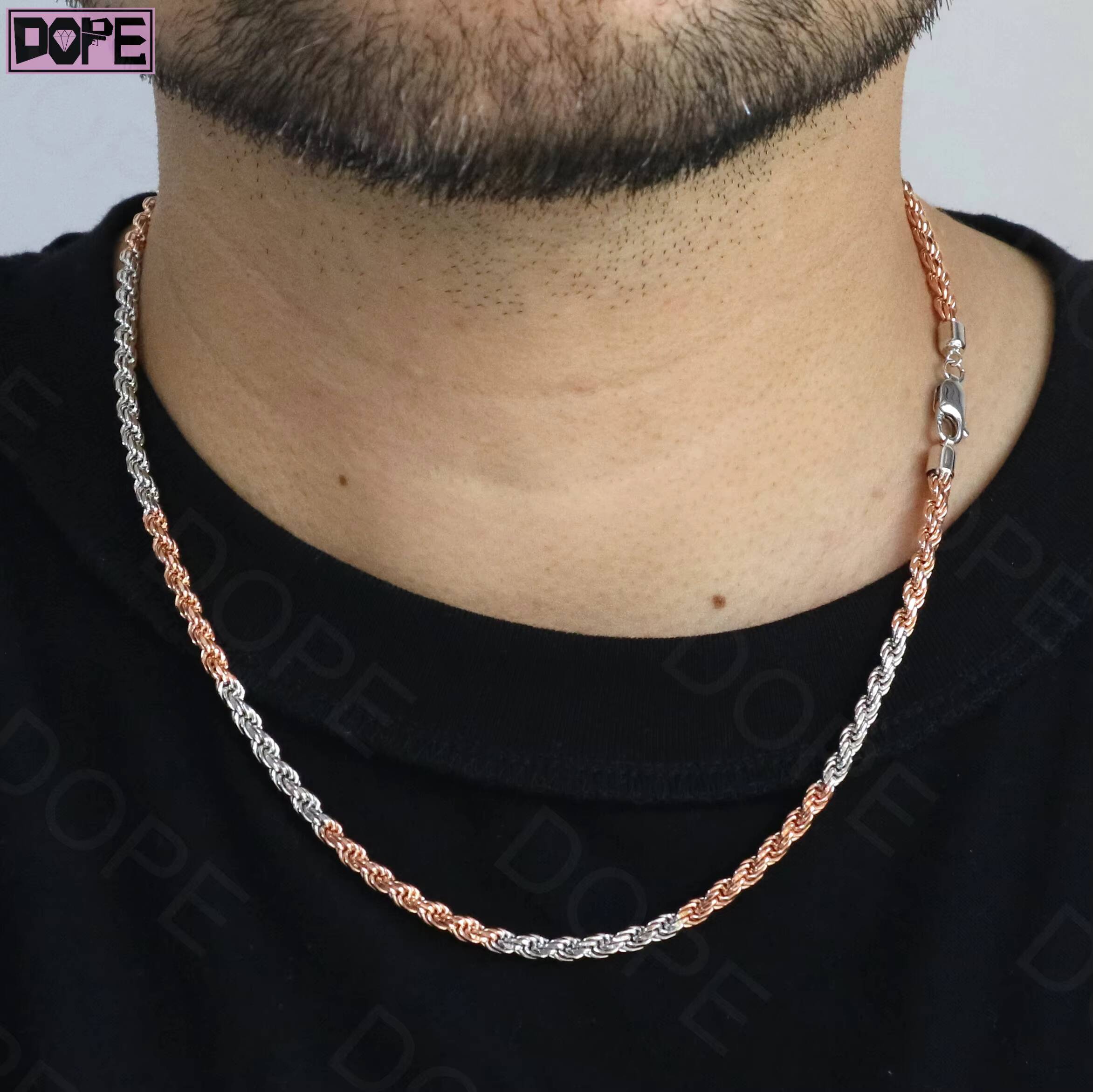Hot Selling Two Tone 925 Silver Chain 4mm 20 Inch Rose Gold Plated Braided Twisted Chain Hip Hop Rope Chains