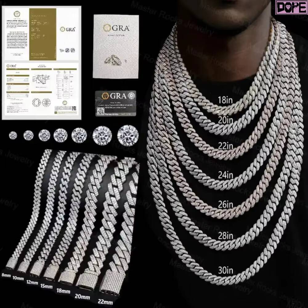 Iced Out 14MM Cuban Link Chain Hiphop Men Necklace 925 Silver VVS Moissanite Cuban Chain