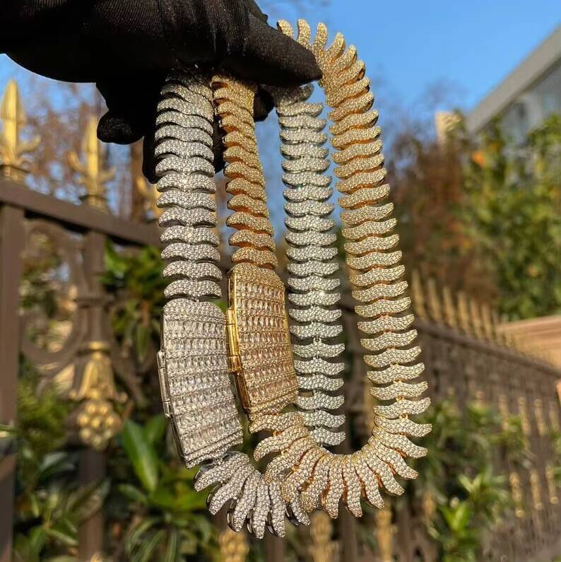 20mm Hip Hop Spiked Cuban Link Chain Special Design Fish Bone 925 Silver Iced Out VVS Moissanite Cuban Chain