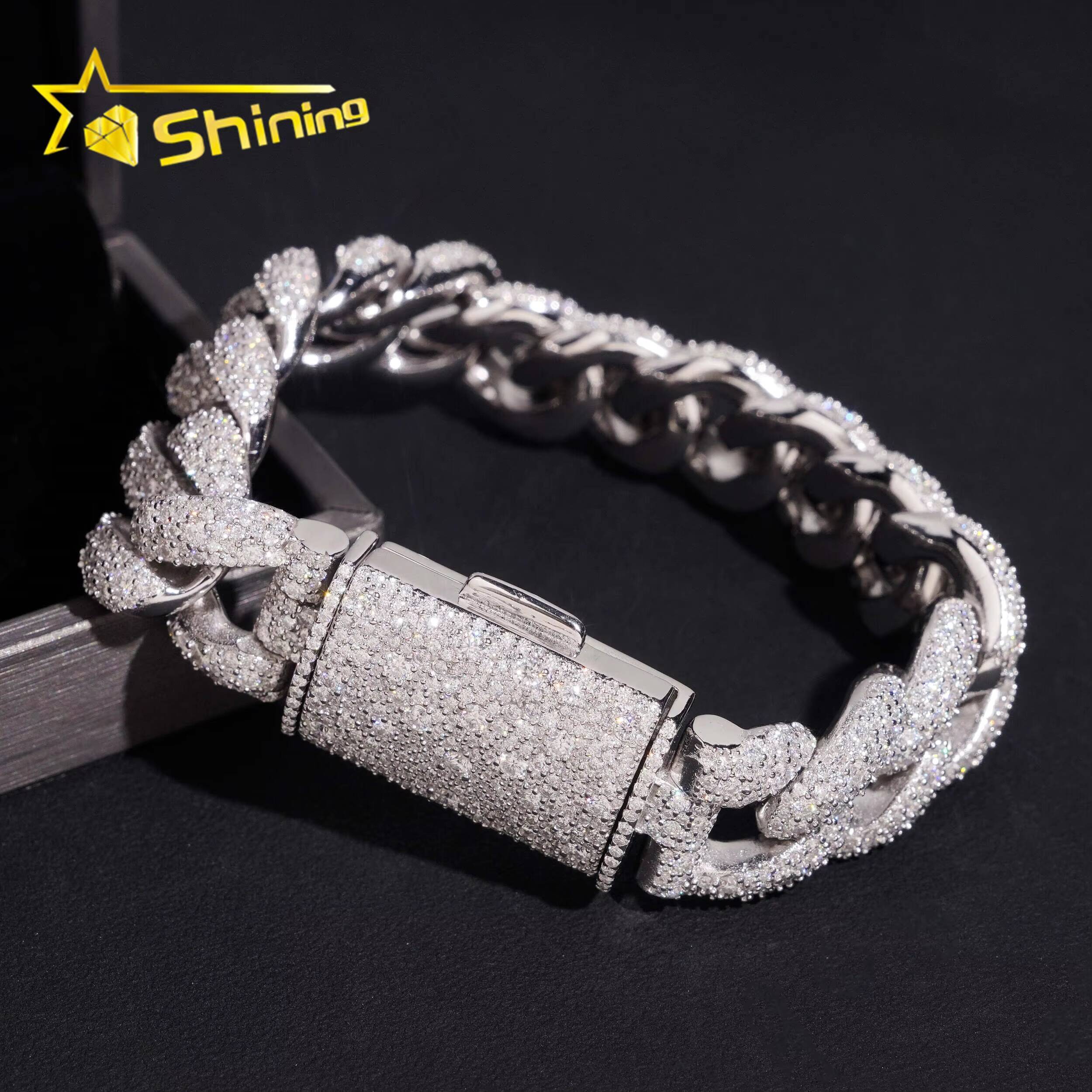 Pass Diamond Tester 925 Sterling Silver Hip Hop 18mm Mosaic Set Moissanite Cuban Link Bracelet