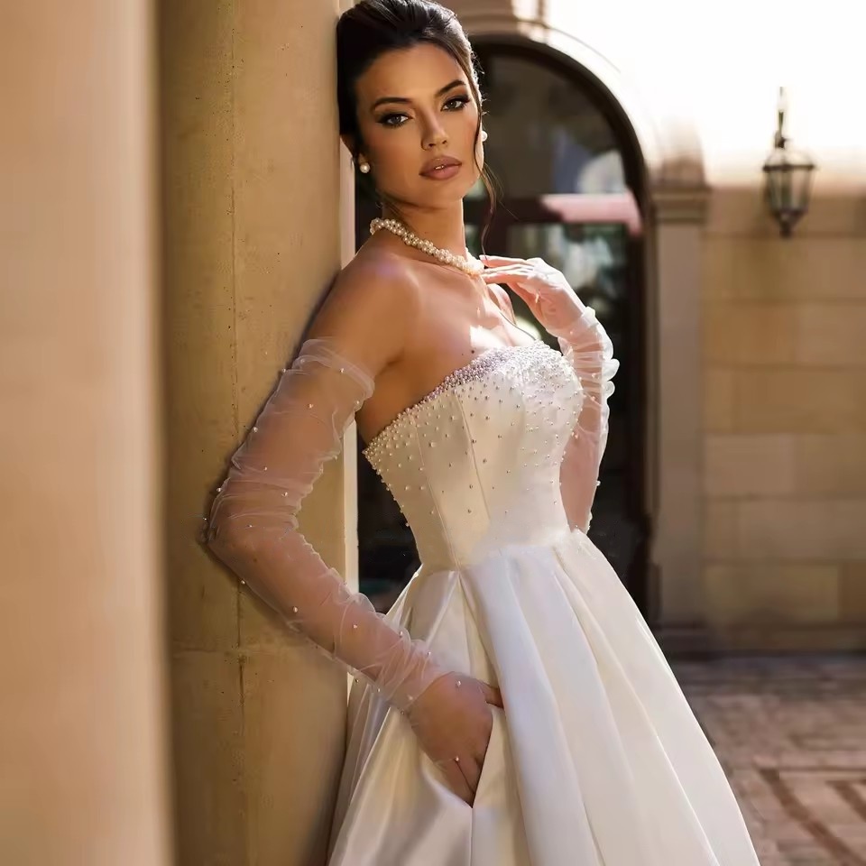 Robe Mariage Off the Shoulder Satin Wedding Dresses with Detachable sleeves Pearls Bodice Luxury Vestidos De Novia Bridal Gowns