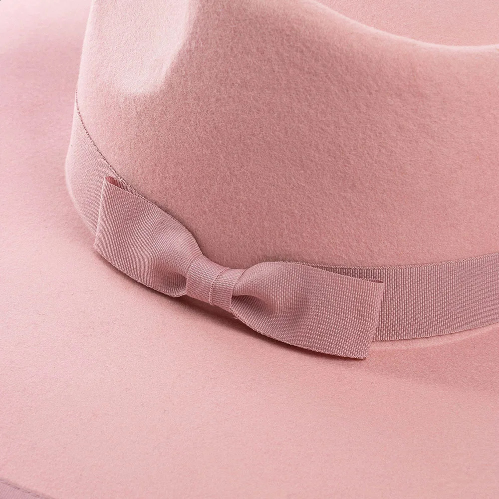 11cm Big Brim Crown Top 100 Wool Fedora Hat Bow Decor Ribbon Women Men Jazz Felt Cap Concave Shape Party Wedding Shopping Hat 250920