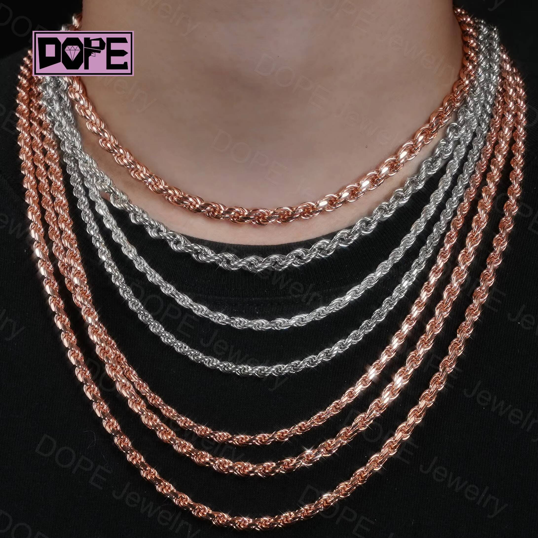 6mm Solid 925 Silver Chain Hip Hop Braided Twisted Necklace Iced Out VVS Moissanite Diamond Clasp Rope Chain