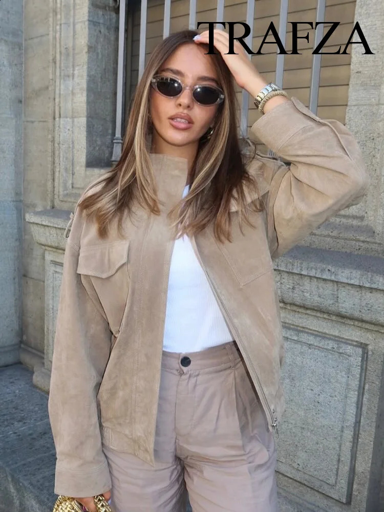 TRAFZA Women Autumn High Street Solid Coats Turtleneck Pocket Decoration Zipper Womens Fashion Long Sleeves Jackets 2025 250920