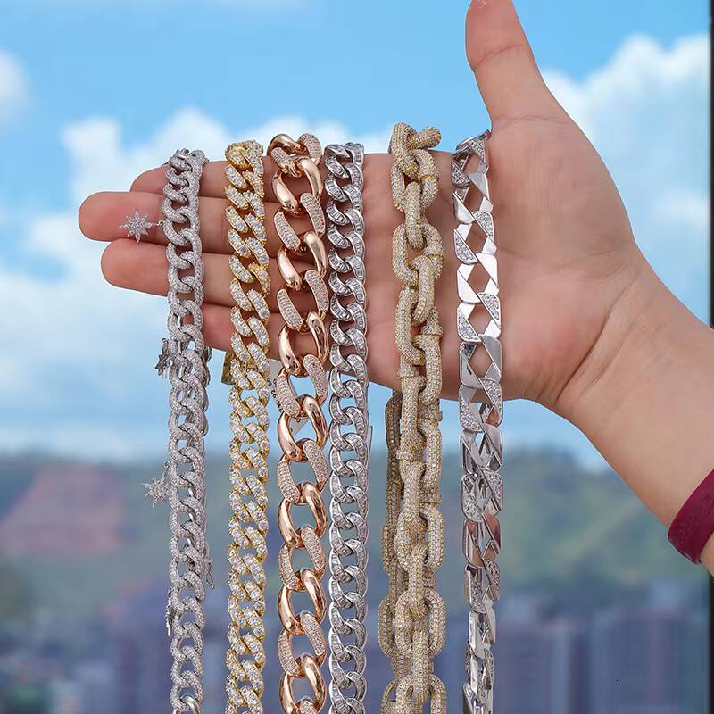 925 Sterling Silver Iced Out Miami Cuban Link Hip Hop Choker Chain Necklace VVS Moissanite or Lab Diamond Gold Plated