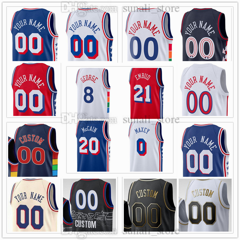 Men's XS-6XL Basketball Jerseys 8 George 21 Embiid Tyrese 0 Maxey Andre 1 Drummond Eric 23 Gordon 7 Lowry Kelly 9 Oubre Jr. Jared 20 McCain VJ 77 Edgecombe 3 Iverson Printed