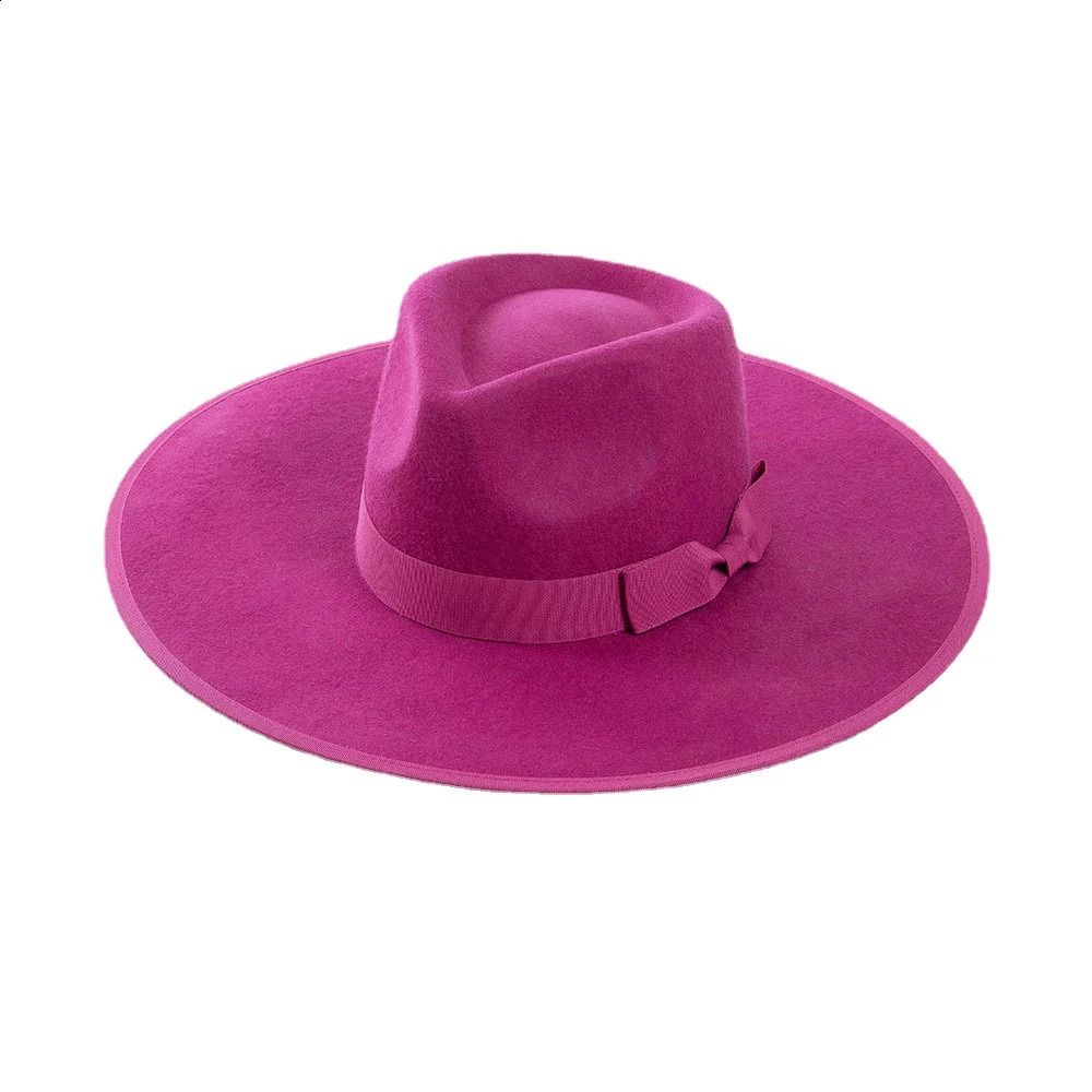 11cm Big Brim Crown Top 100 Wool Fedora Hat Bow Decor Ribbon Women Men Jazz Felt Cap Concave Shape Party Wedding Shopping Hat 250920