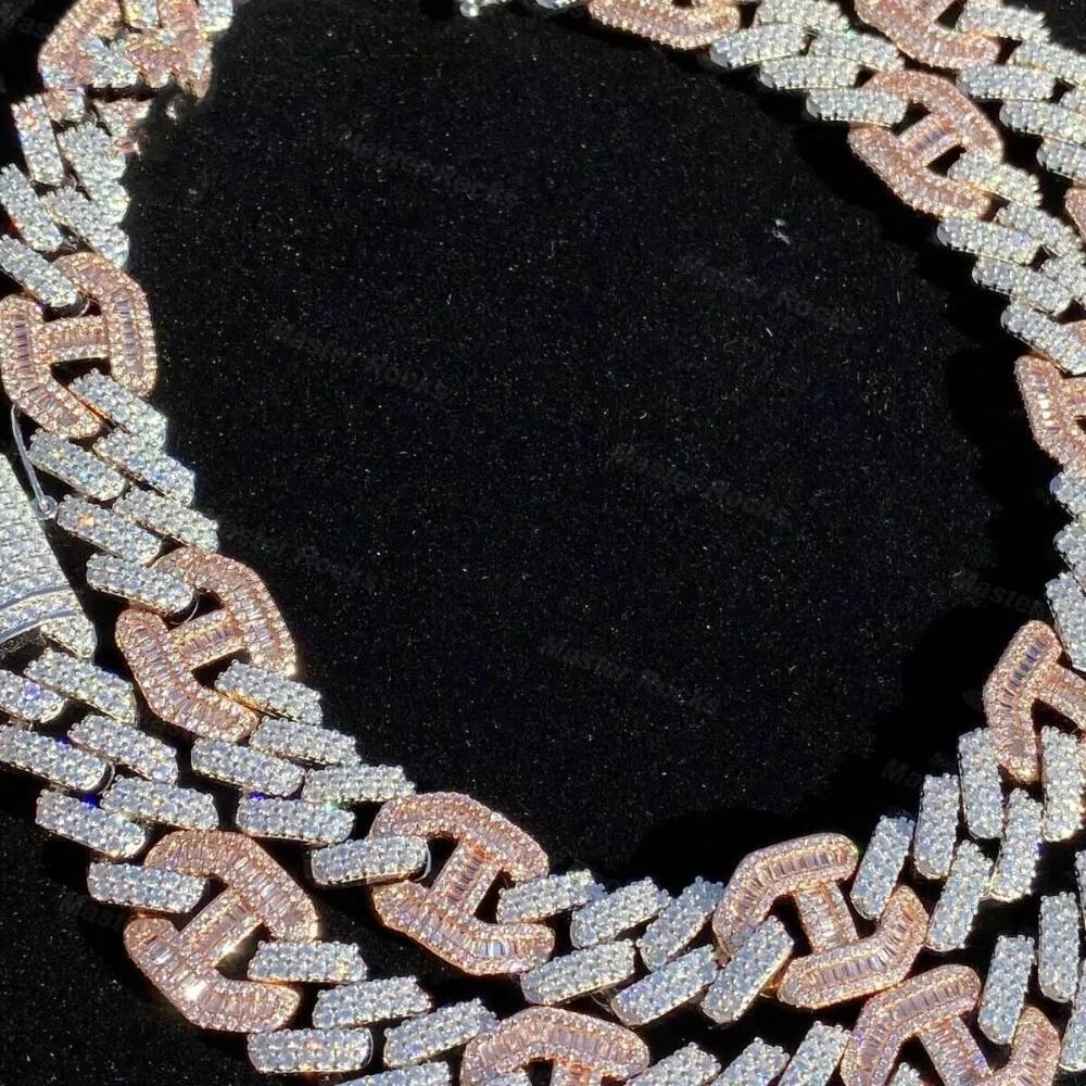 15mm Cuban Link Chain 925 Sterling Silver Iced Out Baguette Rose Gold Hiphop VVS Moissanite Cuban Chain