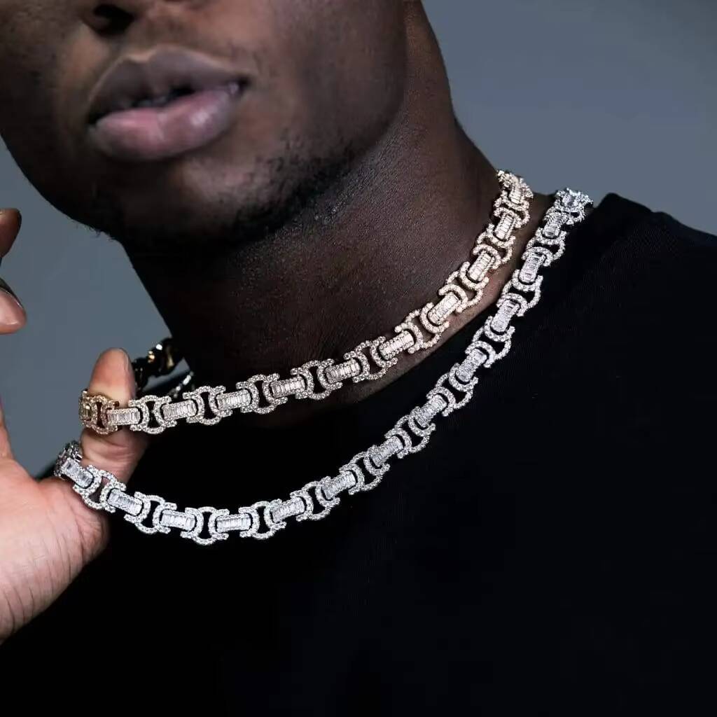 Small 10mm Baguette Diamond Luxury Jewelry Necklace Men Customized Trend Hip Hop Byzantine Moissanite Cuban Chain