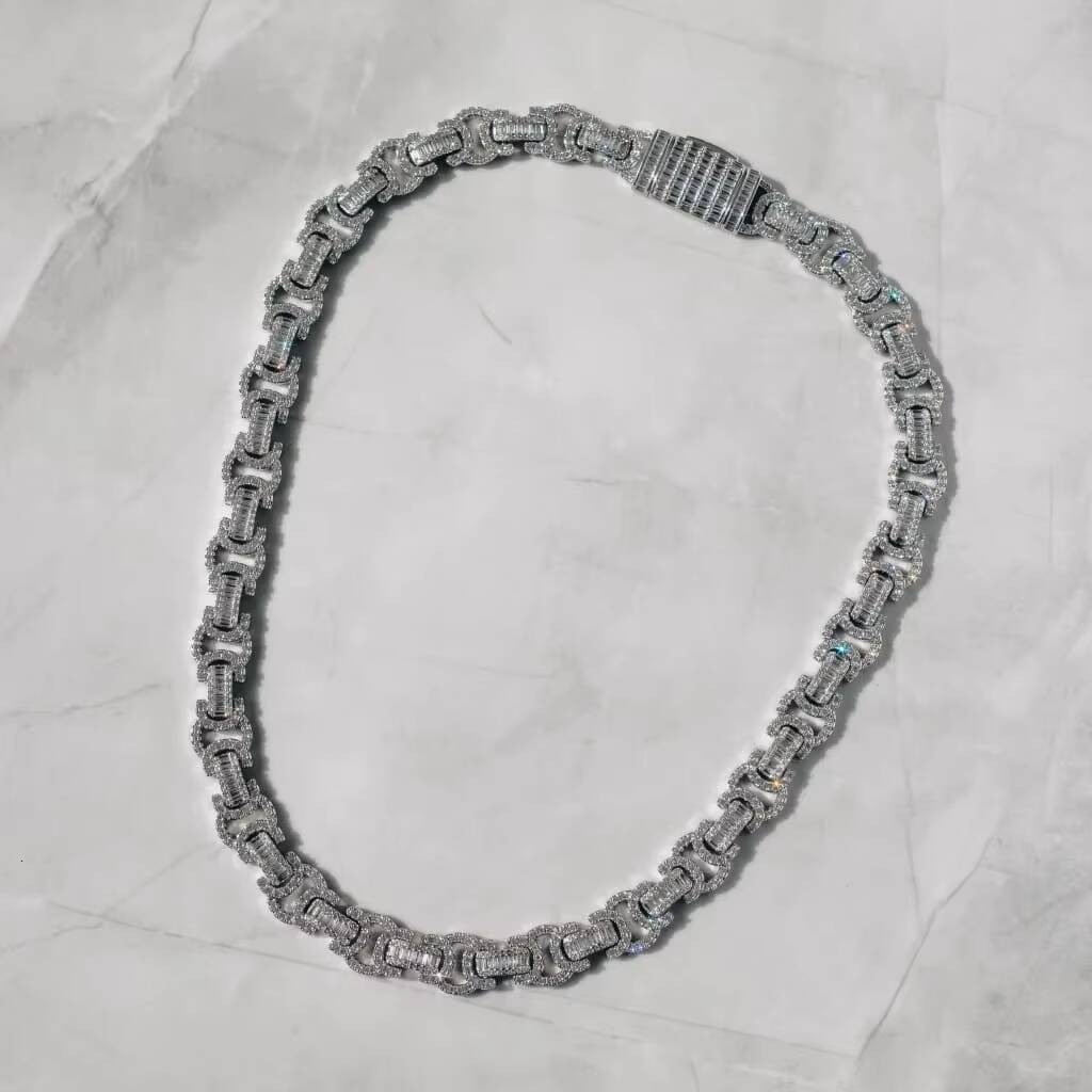 Small 10mm Baguette Diamond Luxury Jewelry Necklace Men Customized Trend Hip Hop Byzantine Moissanite Cuban Chain
