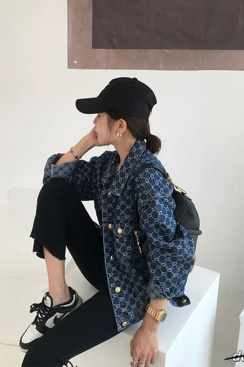 Women Vintage Loose Long Sleeve Print Cotton Jean Jackets Spring Fall Female Casual Blue Denim Jacket Coats Streetwear Outwear 240824