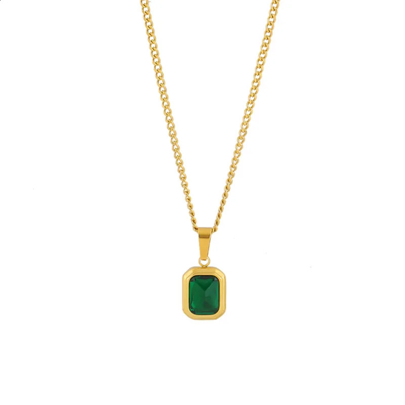 OIMG 316L Stainless Steel Gold Plated Emerald Zirconia Geometric Square Pendant Necklace For Women Girls Temperament Jewelry 250920
