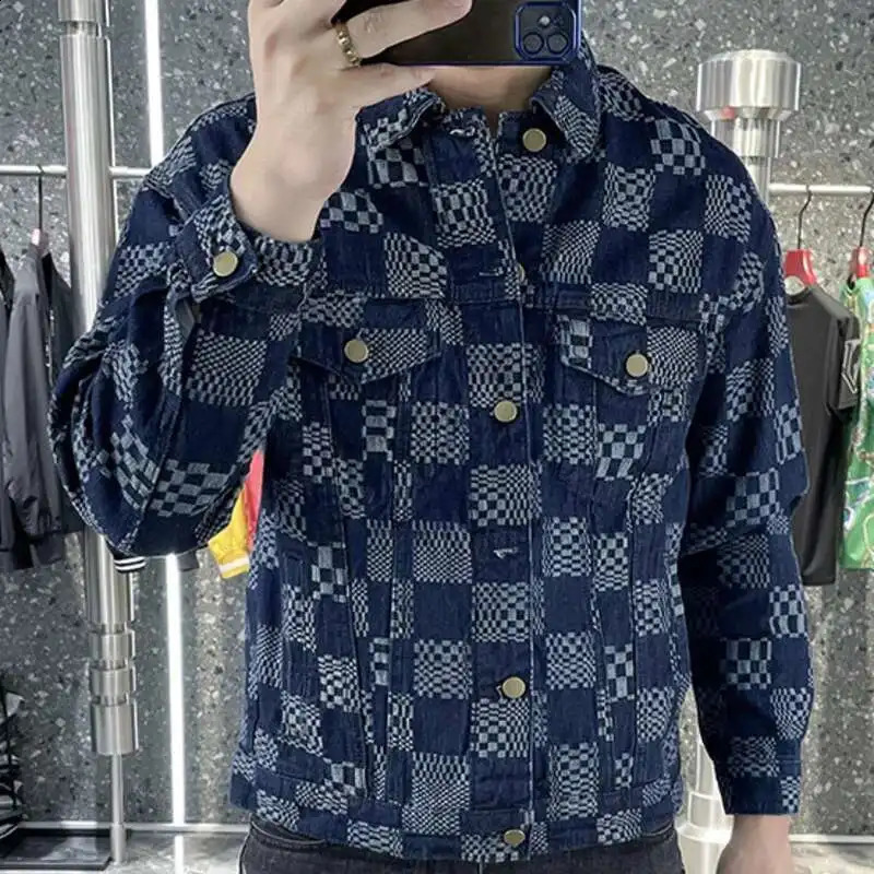 Blue Checkerboard Jacket For Men Fall Retro Trend Lapel Denim Jacket Ripped Button Jean Jacket Outfit Coat Men Streetwear Jacket 250920