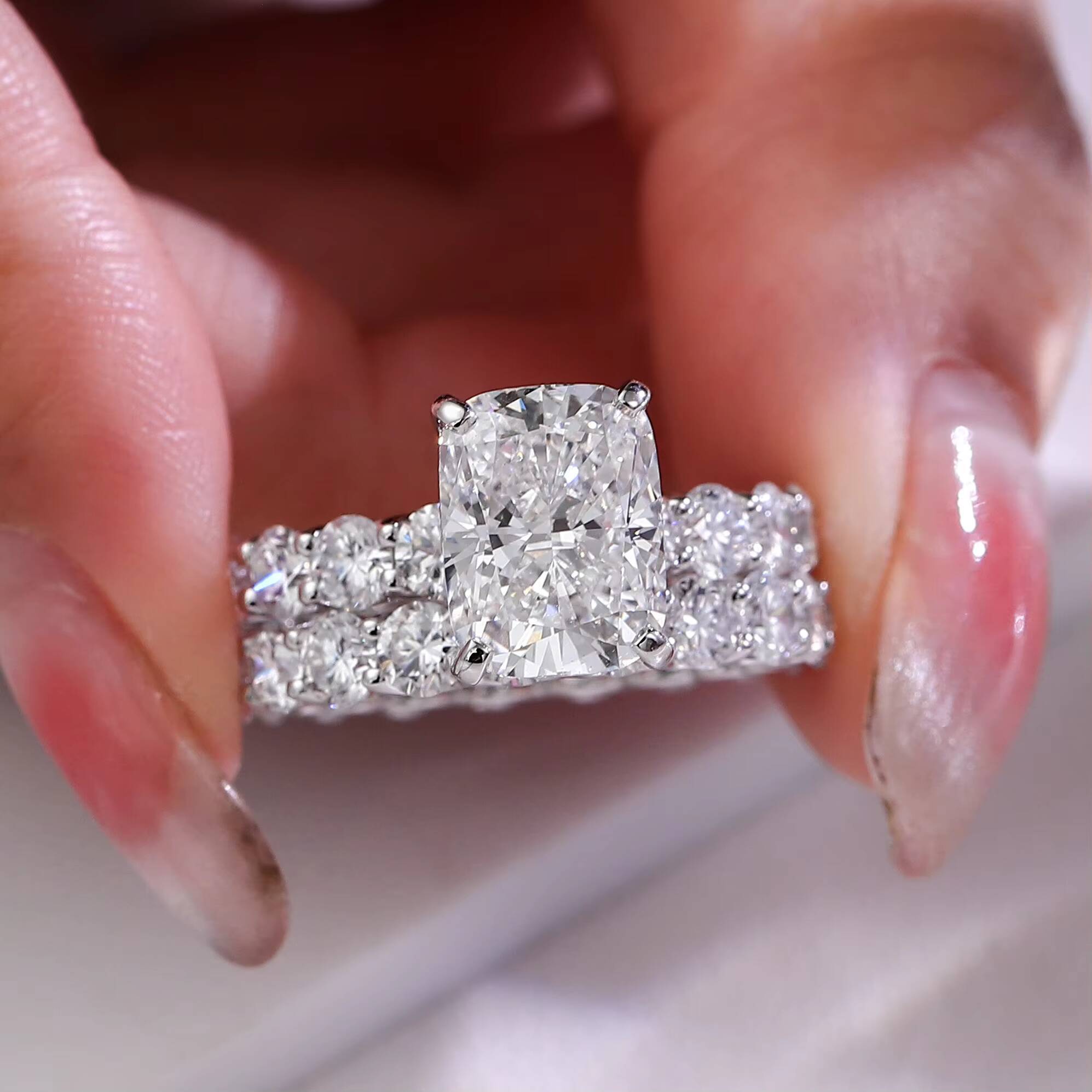 Luxury Jewelry Lab Diamond Engagement Wedding Ring Cushion Cut VVS Diamond 14k White Gold Ring Set for Women