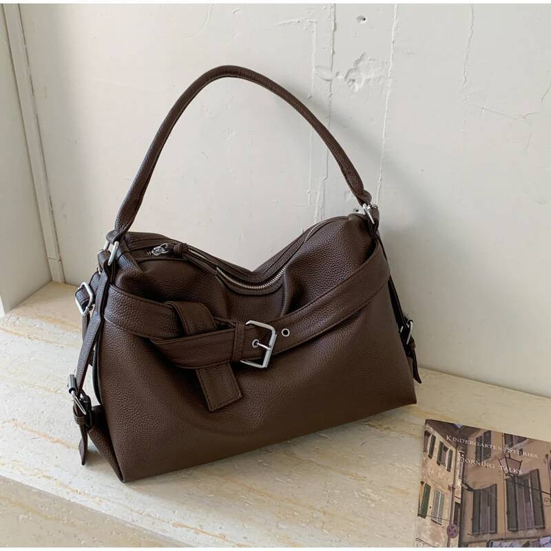 Large Capacity Soft Leather Handbag Women s Shoulder Bag Fashion design Belt Buckle New Women s Crossbody Bag Retro Spicy Girl Motorcycle Bag Autumn N