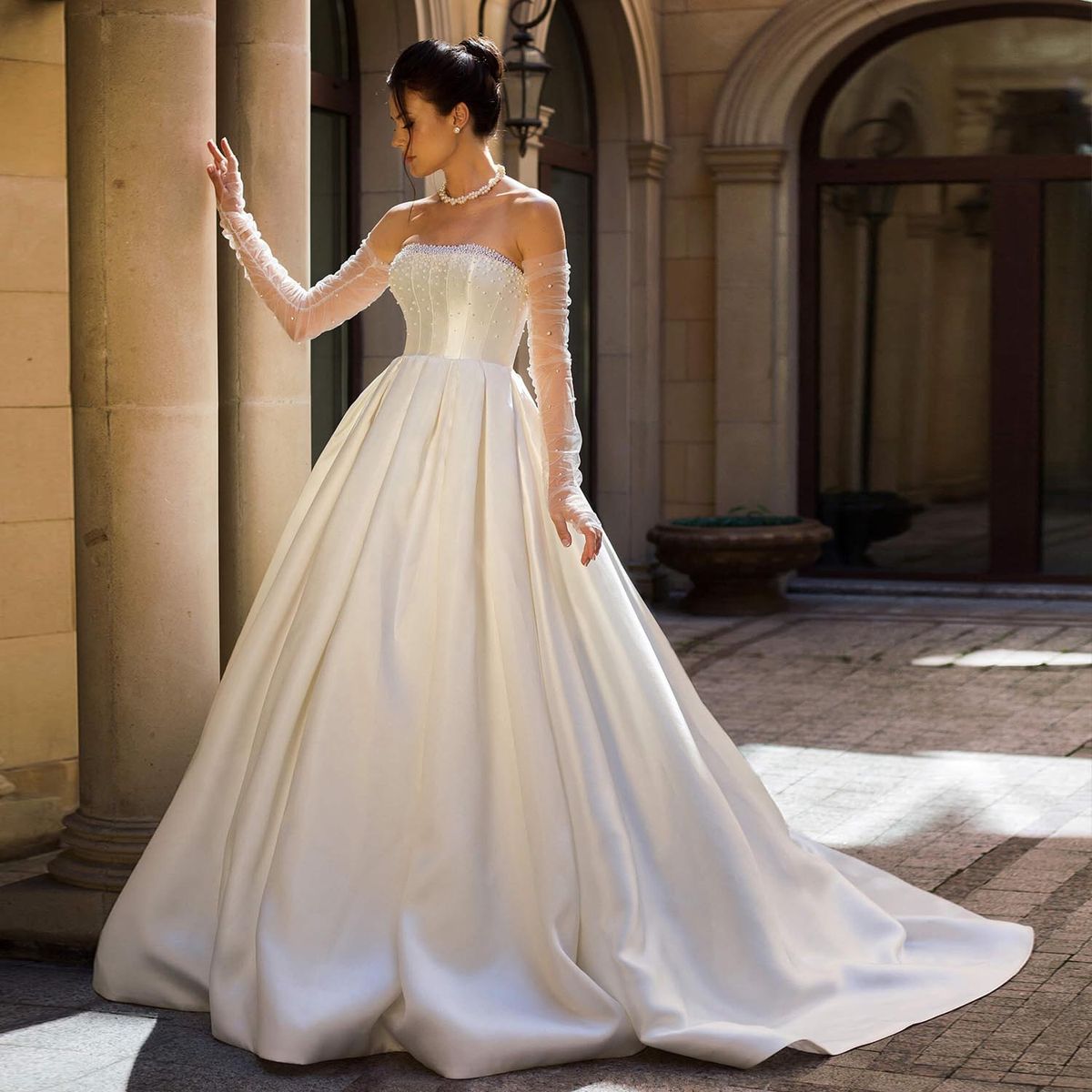 Robe Mariage Off the Shoulder Satin Wedding Dresses with Detachable sleeves Pearls Bodice Luxury Vestidos De Novia Bridal Gowns