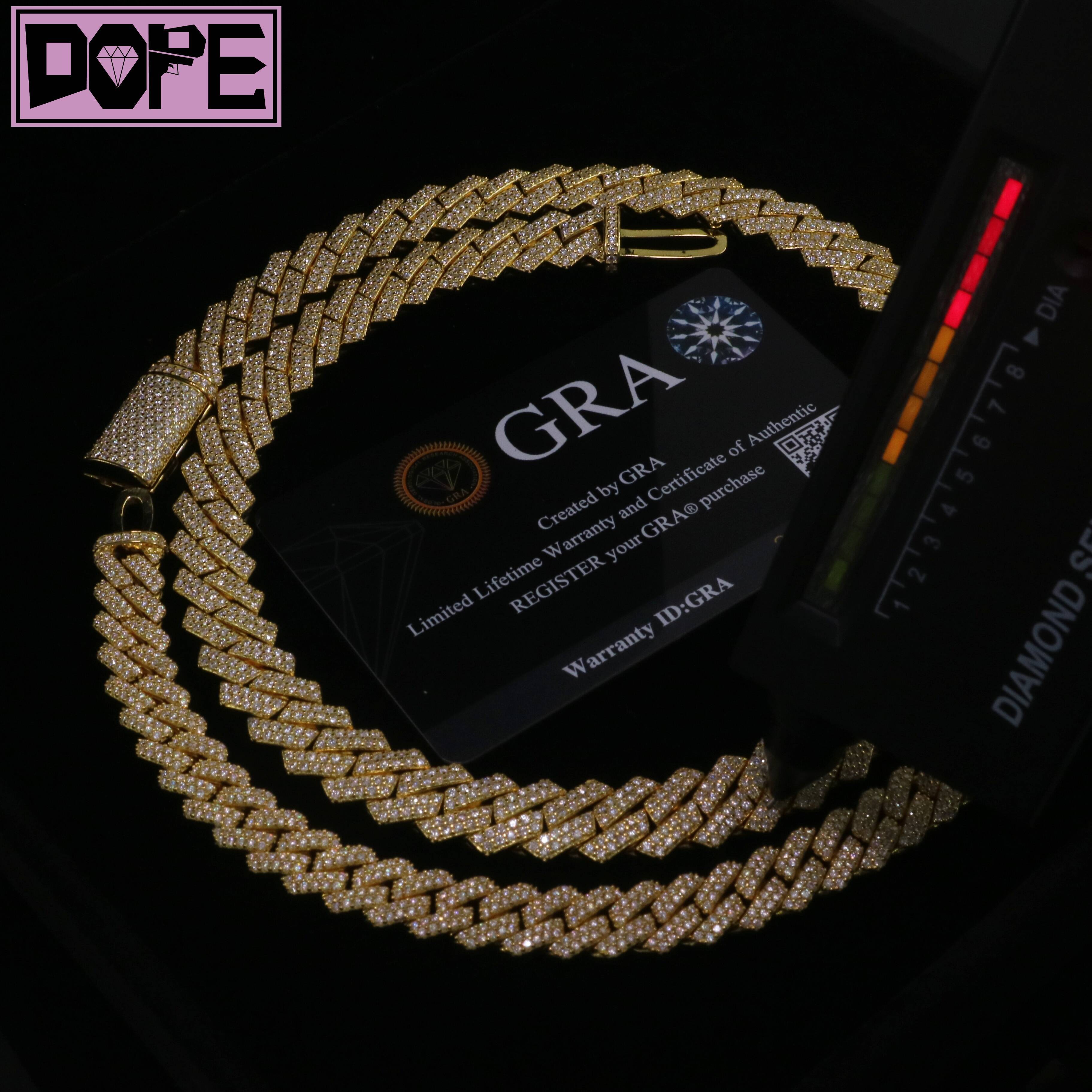 Stock 10mm Moissanite Chain 925 Sterling Silver Gold Plated VVS Iced Out Moissanite Cuban Chain