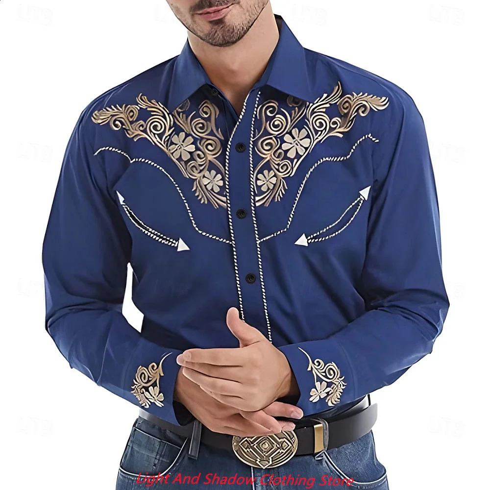 Mens Flower Pattern Western Printed Shirt Cowboy Shirt Long Sleeve Casual Collar Button Mens Clothing XS6XL 250920