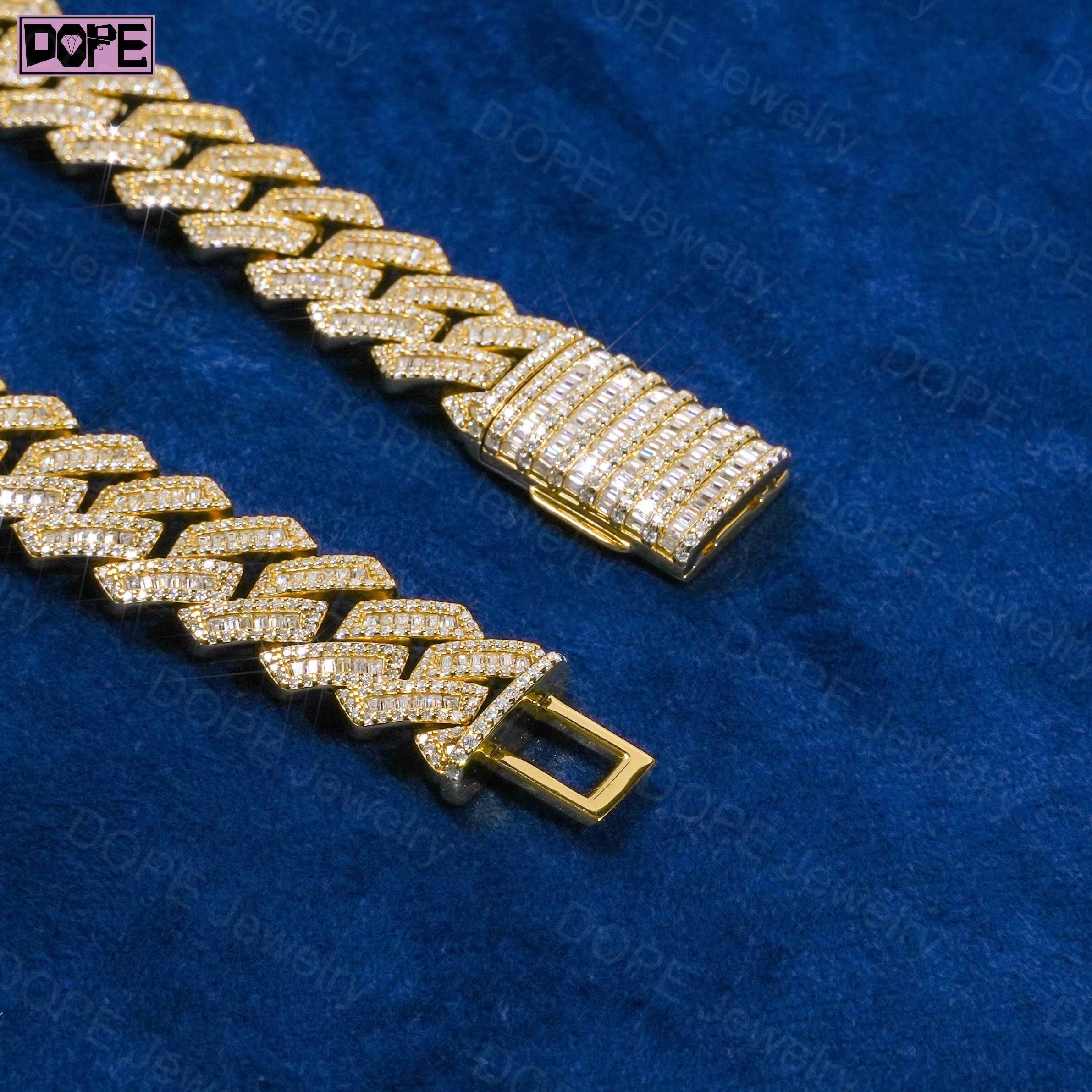 Luxury Moissanite Cuban Chain 18mm 18k Gold Plated Emerald Cut 925 Sterling Silver Moissanite Cuban Link Chain
