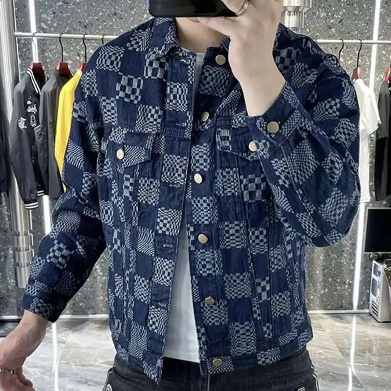 Blue Checkerboard Jacket For Men Fall Retro Trend Lapel Denim Jacket Ripped Button Jean Jacket Outfit Coat Men Streetwear Jacket 250920