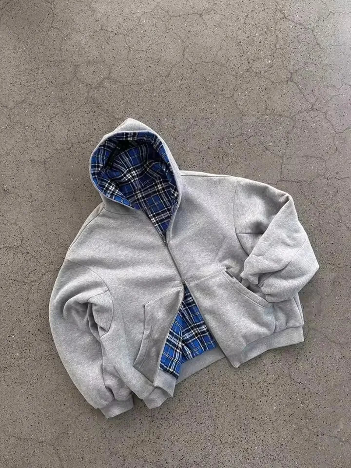 American Retro Y2K Reversible Plaid Zipper Hoodie Men Women Gray Oversized Sweatshirt with Blue Lining Coats Street Style 250920