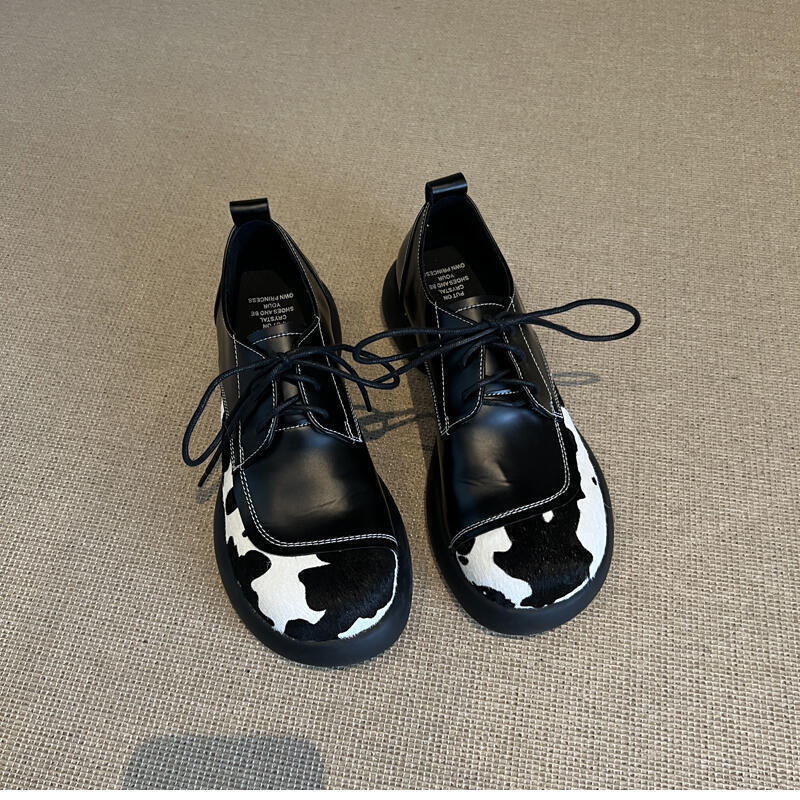 .Designer's color blocked lace up genuine leather loafers 2025 new style thick soled fashionable women's small leather shoes