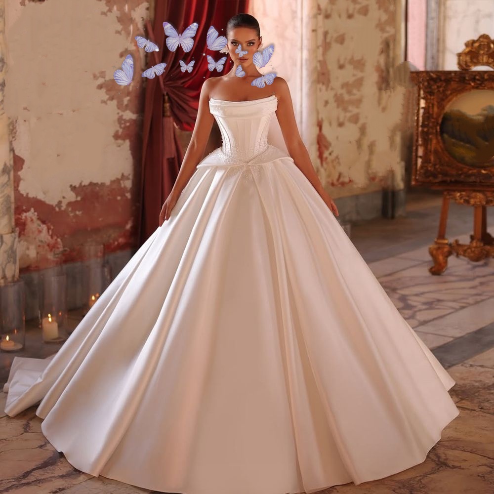 Custom Made Delicate Beaded Pearls Ball Gown Wedding Dress Off Shoulder Sleeveless Boat Neck Bridal Gowns