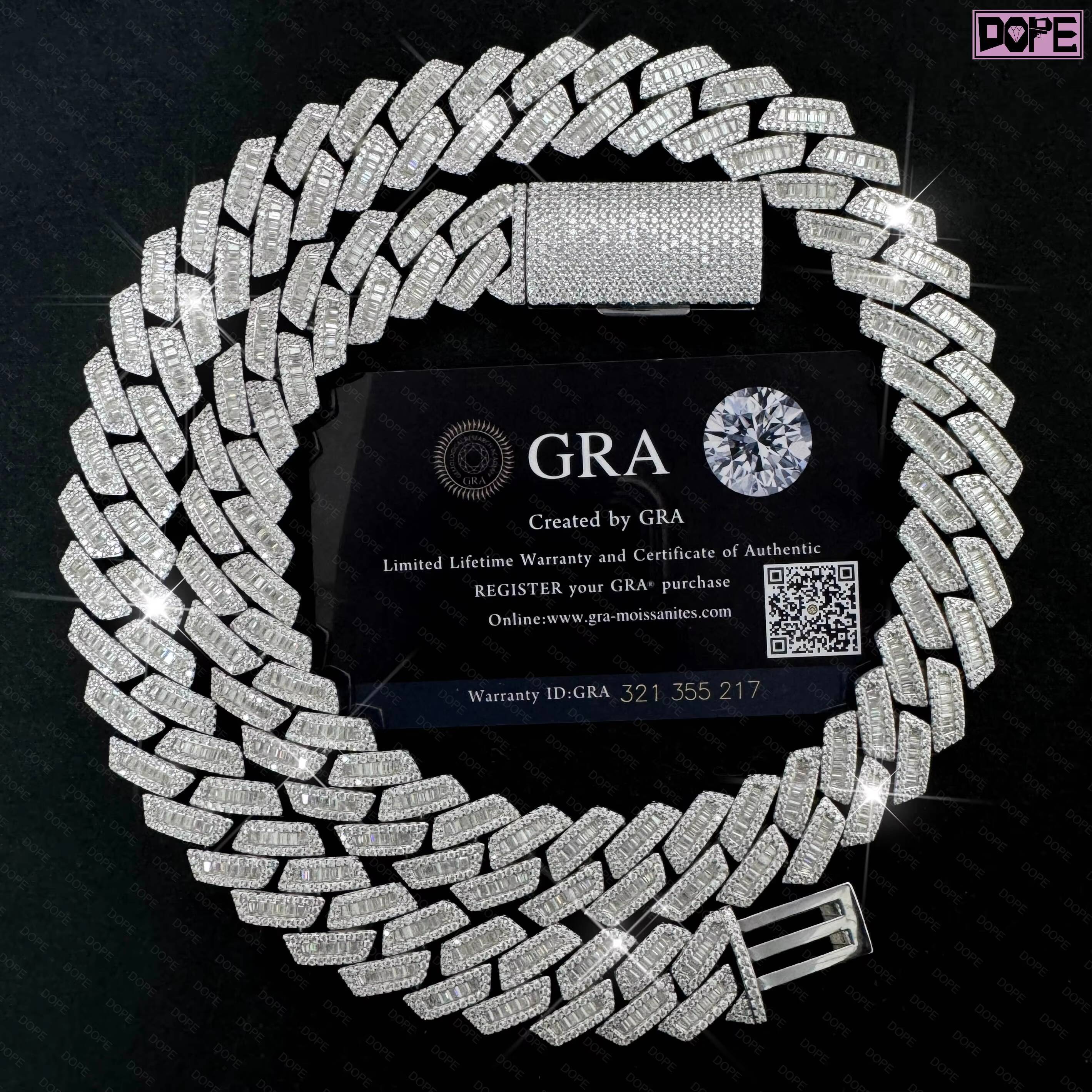 Hiphop Cuban Chain 18mm Baguette VVS Iced Out Moissanite 925 Silver Moissanite Cuban Link Chain