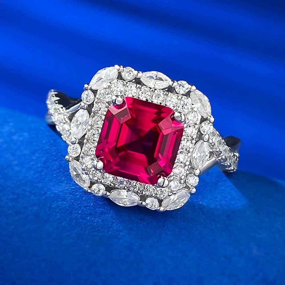 Wong Rain Vintage 100 925 Sterling Silver Asscher Cut 77MM Ruby High Carbon Diamond Gemstone Ring for Women Engagement Jewelry 250920