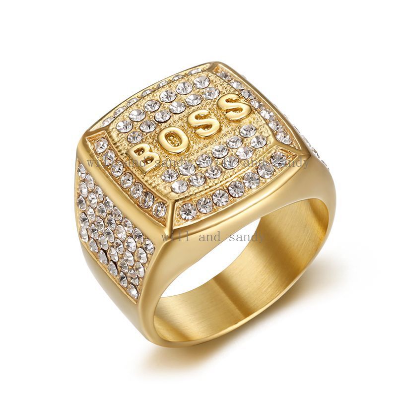 Iced Out Mens Pinky Ring 18k Gold Plated Bling Hip Hop Cubic Zirconia Signet Rings Boss Rings for Men Women Crystal Gold Rings Wedding Promise Ring Je
