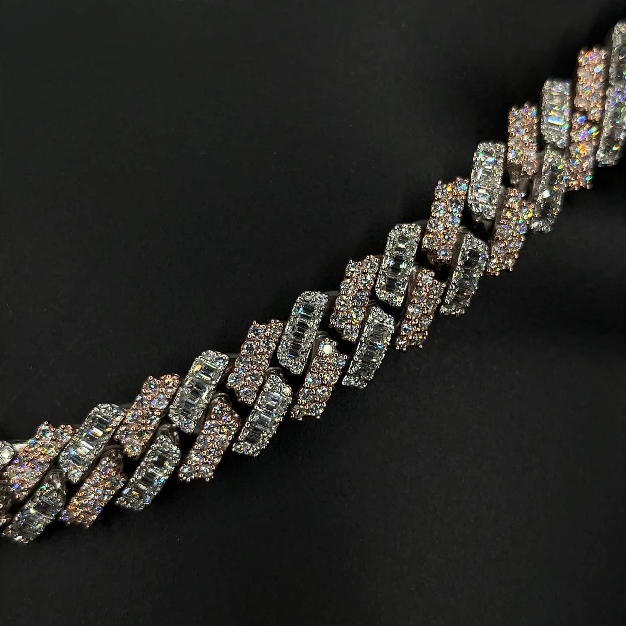 KIBO Iced Out 925 Pure Silver Moissanite Necklace Gra Vvs 15mm Two Tone Style baguette and Round Cut Moissanite Cuban Link Chain