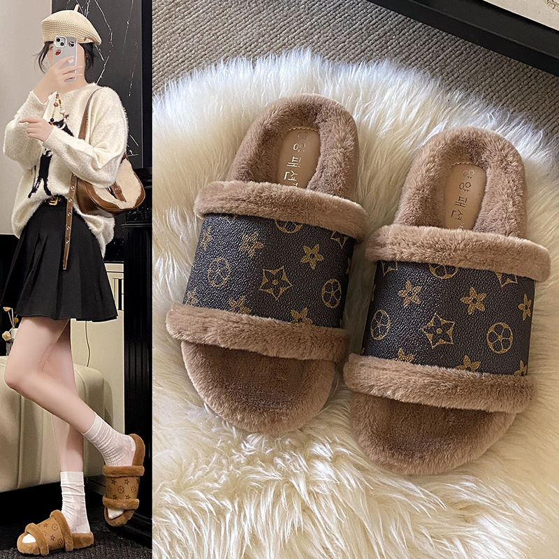 free shipping designer Outdoor classic printed autumn and winter plush home cotton slippers size 35-40