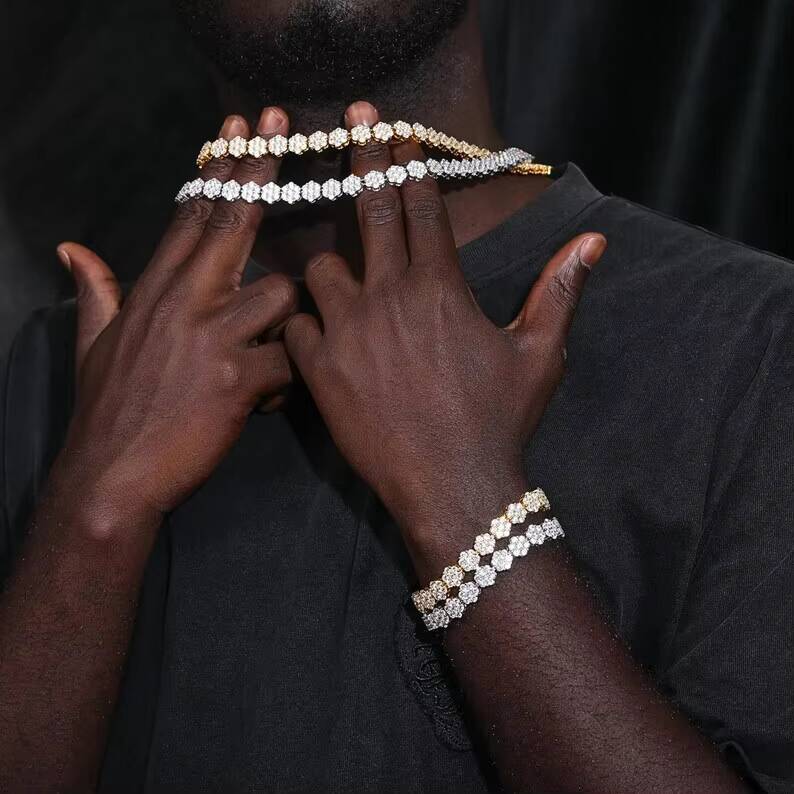 Hiphop Moissanite Chain 9mm Cluster Tennis Chain 925 Sterling Silver Iced Out VVS Moissanite Tennis Chain